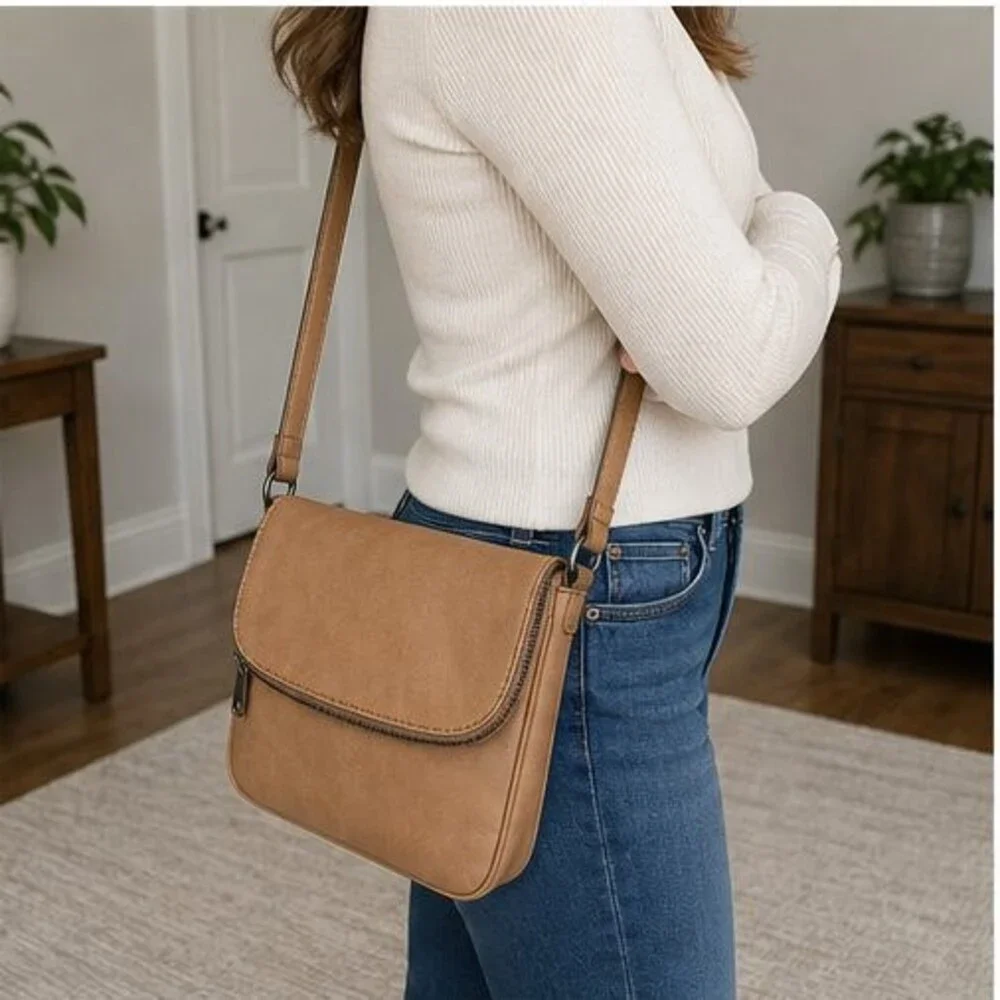Cognac Suede Crossbody Bag